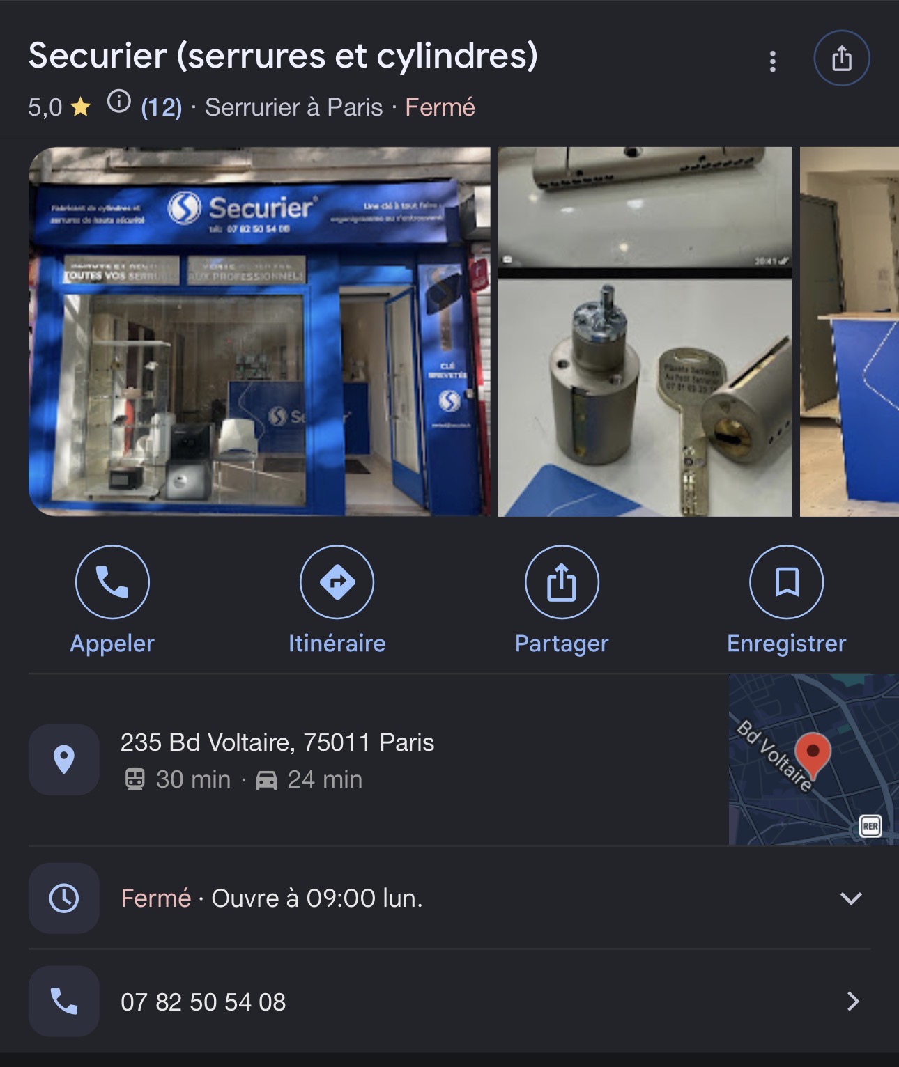 Fiche Google SECURIER — serrures et cylindres, 235 Bd Voltaire, 75012 Paris